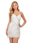 White ASHLEYlauren 4593 – A stunning beaded cocktail dress featuring a sweetheart neckline, spaghetti straps, and an intricate bead pattern. The fitted skirt is finished with fringe for a bold, elegant look. Perfect for any special event.