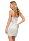Back - White ASHLEYlauren 4593 – A stunning beaded cocktail dress featuring a sweetheart neckline, spaghetti straps, and an intricate bead pattern. The fitted skirt is finished with fringe for a bold, elegant look. Perfect for any special event.