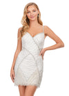 White ASHLEYlauren 4593 – A stunning beaded cocktail dress featuring a sweetheart neckline, spaghetti straps, and an intricate bead pattern. The fitted skirt is finished with fringe for a bold, elegant look. Perfect for any special event.