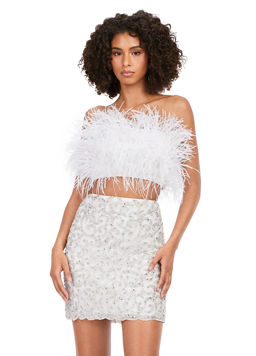 White ASHLEYlauren 4599 – A stunning two-piece set featuring a strapless feather bustier and a fully beaded fitted skirt. This gorgeous, statement-making outfit is a must-have addition to your closet.