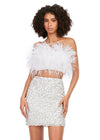 White ASHLEYlauren 4599 – A stunning two-piece set featuring a strapless feather bustier and a fully beaded fitted skirt. This gorgeous, statement-making outfit is a must-have addition to your closet.
