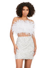 White ASHLEYlauren 4599 – A stunning two-piece set featuring a strapless feather bustier and a fully beaded fitted skirt. This gorgeous, statement-making outfit is a must-have addition to your closet.