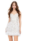 White ASHLEYlauren 4604 – A fabulous cocktail dress featuring intricate beading throughout, a sweetheart neckline, spaghetti straps, and an A-line skirt adorned with feather details. Perfect for turning heads on the dance floor or stage.