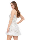 Back - White ASHLEYlauren 4604 – A fabulous cocktail dress featuring intricate beading throughout, a sweetheart neckline, spaghetti straps, and an A-line skirt adorned with feather details. Perfect for turning heads on the dance floor or stage.
