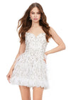 White ASHLEYlauren 4604 – A fabulous cocktail dress featuring intricate beading throughout, a sweetheart neckline, spaghetti straps, and an A-line skirt adorned with feather details. Perfect for turning heads on the dance floor or stage.