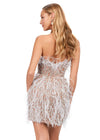 Back - White ASHLEYlauren 4615 – A stunning, fully beaded strapless cocktail dress featuring feather details and a fitted skirt. Perfect for making a bold statement and feeling like royalty at any event.