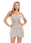 White ASHLEYlauren 4615 – A stunning, fully beaded strapless cocktail dress featuring feather details and a fitted skirt. Perfect for making a bold statement and feeling like royalty at any event.