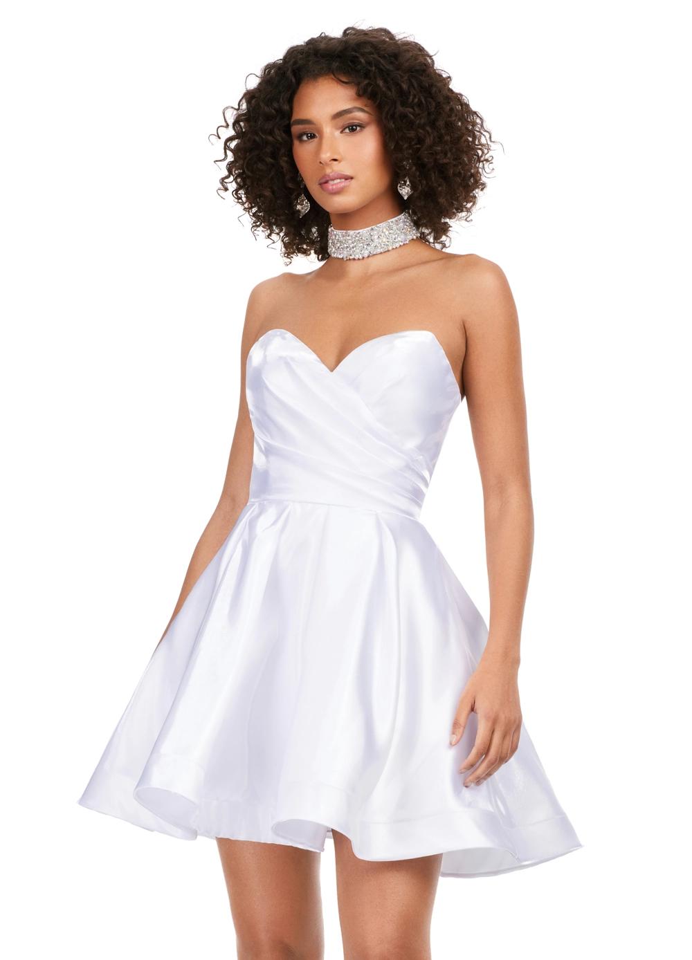 White ASHLEYlauren 4644 strapless satin cocktail dress featuring a sweetheart neckline, A-line skirt, and a fully beaded choker for an elegant and sophisticated look.