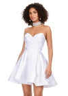 White ASHLEYlauren 4644 strapless satin cocktail dress featuring a sweetheart neckline, A-line skirt, and a fully beaded choker for an elegant and sophisticated look.