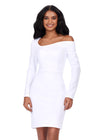 White ASHLEYlauren 4674 fitted scuba cocktail dress featuring an asymmetrical neckline, long sleeves, and a classic waistband detail for a sleek and sophisticated look.