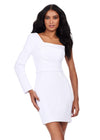 White ASHLEYlauren 4678 scuba cocktail dress featuring a one sleeve design, ruched bustier, fitted silhouette, and a matching scuba belt for a chic and sophisticated look.