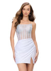 White ASHLEYlauren 4686 strapless cocktail dress featuring a corset bustier embellished with press-on stones, a sleek jersey skirt, and a left leg slit for a classic and glamorous look.