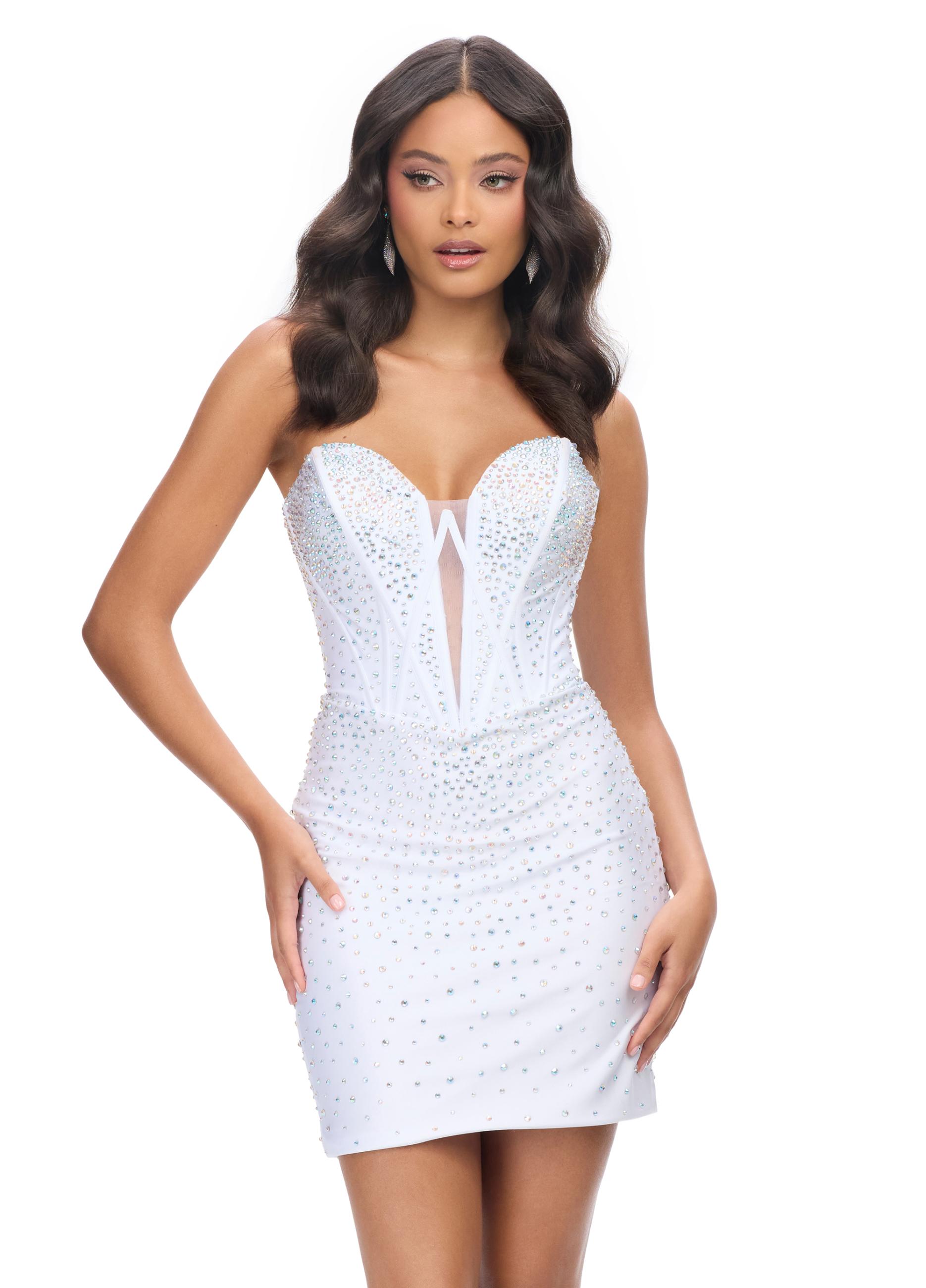 White ASHLEYlauren 4689 strapless jersey cocktail dress featuring a fully beaded corset bustier, illusion V-neckline, fitted skirt, and press-on stone embellishments for a glamorous and sophisticated look.