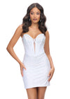 White ASHLEYlauren 4689 strapless jersey cocktail dress featuring a fully beaded corset bustier, illusion V-neckline, fitted skirt, and press-on stone embellishments for a glamorous and sophisticated look.
