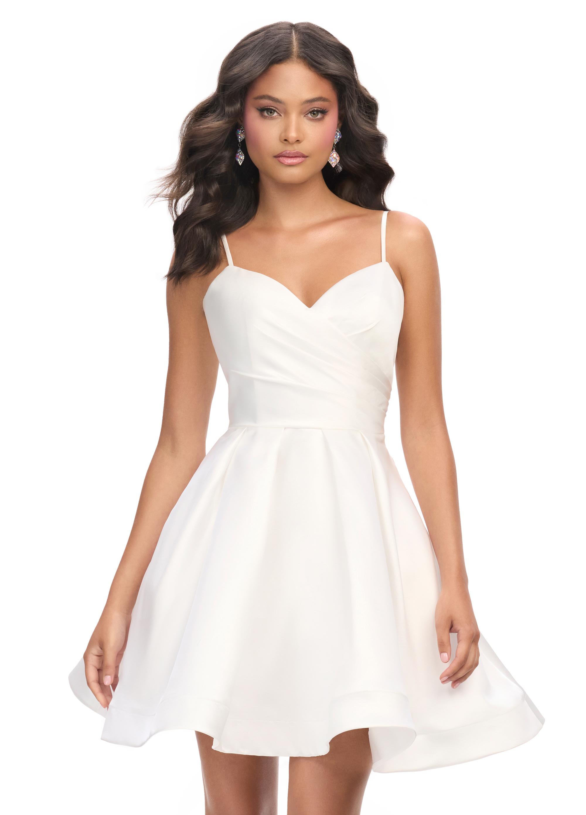 White ASHLEYlauren 4780 classic satin cocktail dress featuring delicate spaghetti straps, a sweetheart neckline, and an elegant A-line skirt for a timeless and sophisticated look.