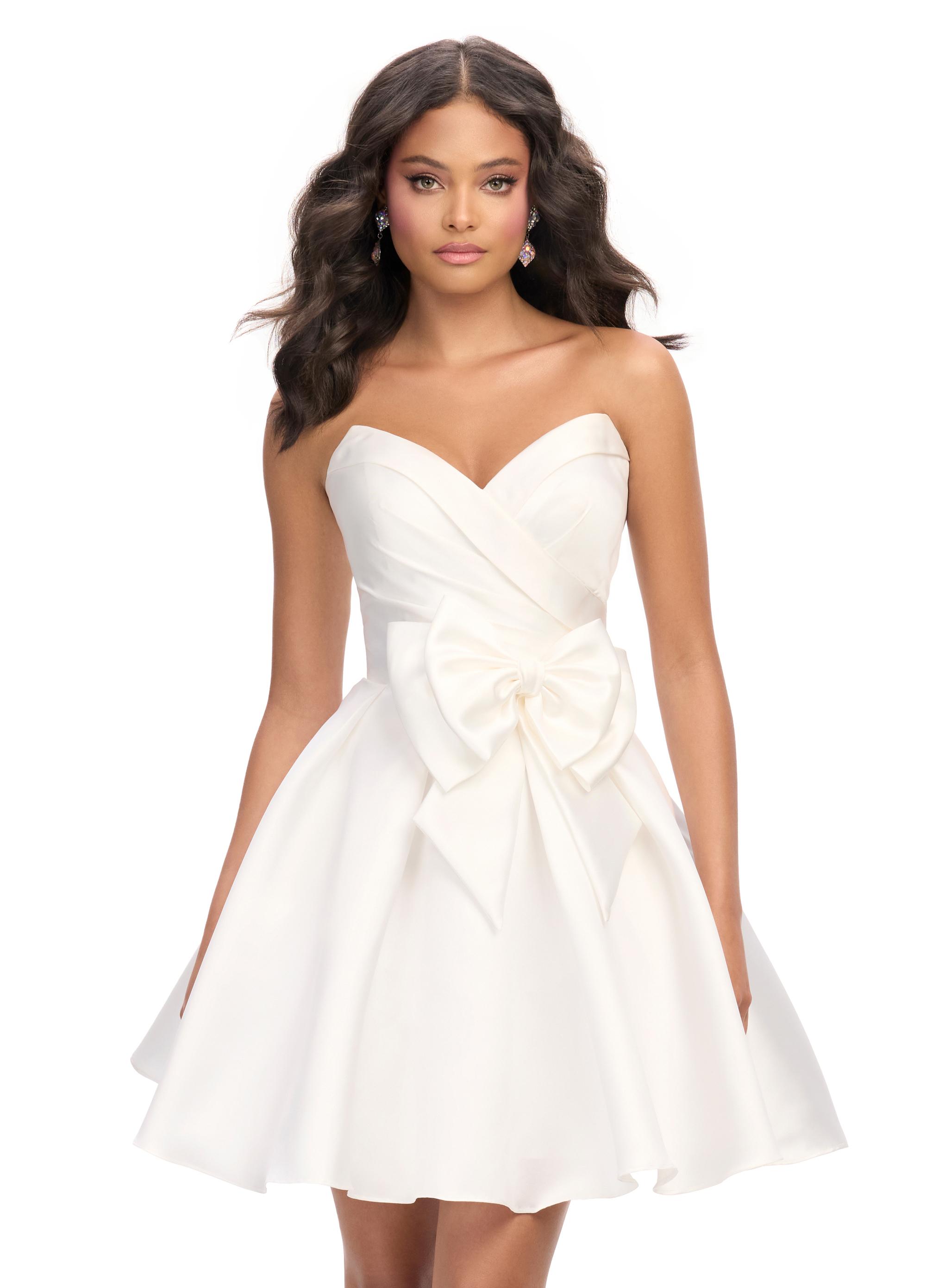 White ASHLEYlauren 4783 Mikado cocktail dress featuring a sweetheart neckline, an elegant A-line skirt, and an oversized bow accent for a show-stopping and sophisticated look.