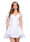 White ASHLEYlauren 4788 satin cocktail dress featuring a sweetheart neckline, off shoulder bow details, corset bustier, and a full A-line skirt for a dainty, elegant, and timeless look.