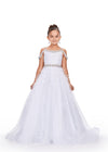 White ASHLEYlauren 8242 kids gown featuring an off-shoulder design, crystal beaded straps, neckline trim, and belt, adorned with lace applique, press-on stones, and feather accents for a glamorous and elegant look.