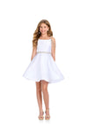 White ASHLEYlauren 8277 satin kids cocktail dress featuring a high neckline, spaghetti straps, off shoulder beaded straps, a beaded belt, and a V-back for a fabulous and stylish look.