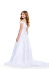White ASHLEYlauren 8317 Satin Ball Gown with Off-Shoulder Design, Press-On Stone Beading, and Flowing A-Line Skirt with Train. Back
