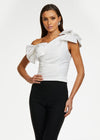 White ASHLEYlauren 9001 elegant one shoulder bustier featuring asymmetrical ruching and delicate bow accents, perfect for styling with jeans or for pageant headshots.
