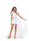 White ASHLEYlauren Kids 8177 One Shoulder Scuba Romper with Feather Details and Organza Side Skirt