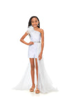 White ASHLEYlauren Kids 8177 One Shoulder Scuba Romper with Feather Details and Organza Side Skirt