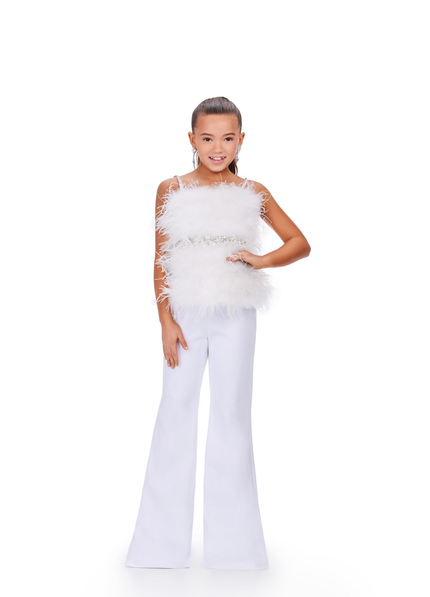 White ASHLEYlauren Kids 8211 Scuba Jumpsuit with Feather Bustier and Gem Belt