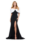 White/Black ASHLEYlauren 11412 elegant scuba gown featuring an off shoulder bustier, oversized bow detail, and a left leg slit for a sophisticated and statement-making look.