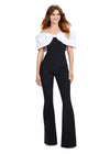 White/Black ASHLEYlauren 11414 chic scuba jumpsuit featuring an off shoulder neckline with an oversized bow for a bold and sophisticated statement look.