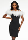 White/Black ASHLEYlauren 4490 fitted off shoulder scuba cocktail dress featuring a feather-accented neckline for a chic and elegant look.