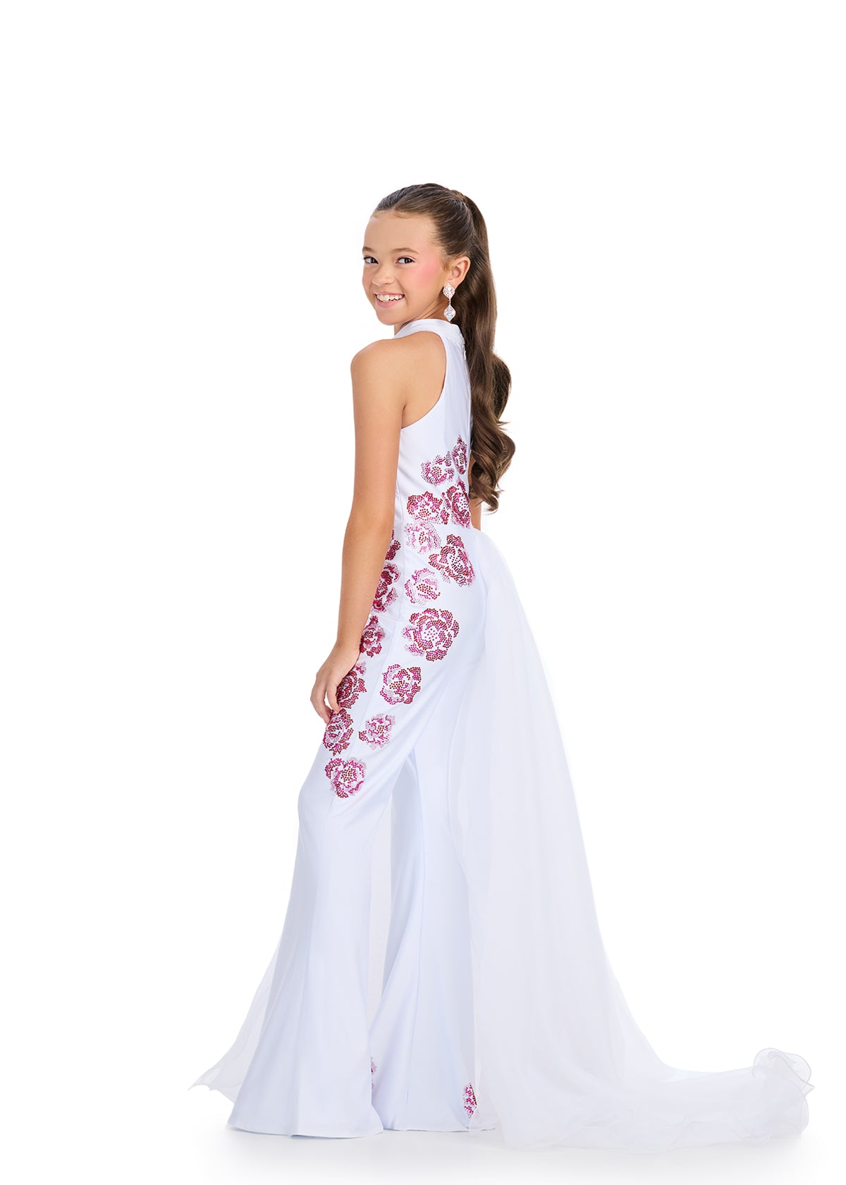 Back - White ASHLEYlauren 8311 Jersey Jumpsuit with Halter Neckline, Floral Press-On Stone Beading, and Flowing Organza Side Skirt