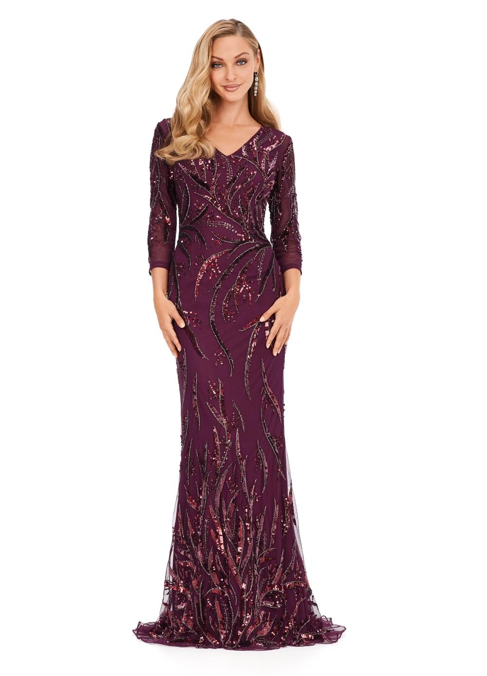 Wine ASHLEYlauren 11205 Sophisticated Fitted Gown with V-Neckline, Fully Sequin Beaded Design, Three Quarter Sleeves, High Back, and Sweep Train