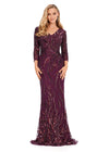 Wine ASHLEYlauren 11205 Sophisticated Fitted Gown with V-Neckline, Fully Sequin Beaded Design, Three Quarter Sleeves, High Back, and Sweep Train