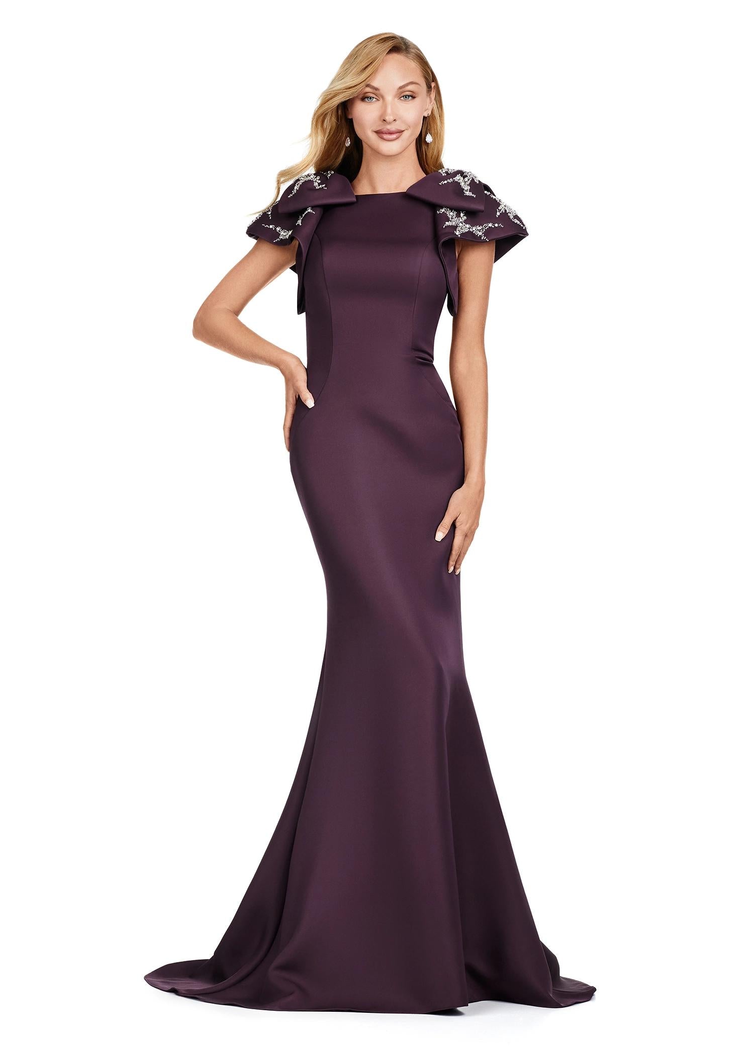 Wine ASHLEYlauren 11415 double-faced satin gown featuring a crew neckline, oversized bow shoulder details, and radiant beading on layered shoulder straps for an elegant finish.