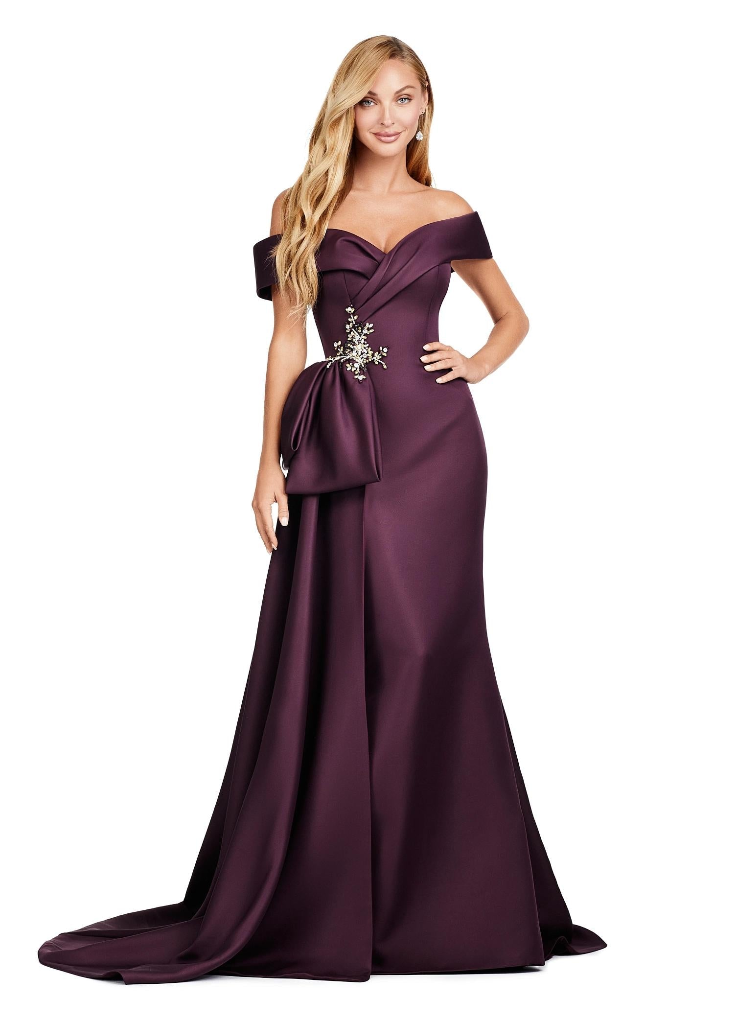 Wine ASHLEYlauren 11425 Elegant Off Shoulder Evening Gown in Double Faced Satin with Sparkling Beaded Accents and Flowing Side Overskirt