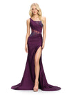 Wine ASHLEYlauren 11617 Elegant One Shoulder Jersey Gown with Glamorous Beaded Corset Bustier, Ruched Hip Detail, and Left Leg Slit