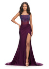 Wine ASHLEYlauren 11690 Glamorous Strapless Gown with Exposed Corset Boning Encrusted in Press On Stones, Ruched Skirt, and Left Leg Slit