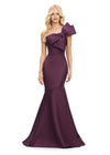 Wine ASHLEYlauren 11696 Glamorous One Shoulder Satin Gown with Statement Oversized Bow, Asymmetrical Fit and Flare Silhouette, and Mermaid Skirt