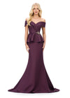 ASHLEYlauren 11710 – A sophisticated satin gown featuring a draped off-shoulder neckline with ruffles and beaded details, finished with a flattering mermaid silhouette and peplum design. Perfect for any elegant event.