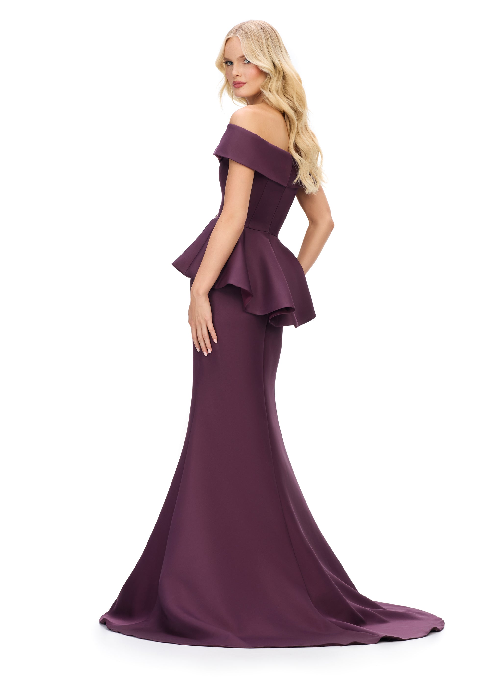 Back - ASHLEYlauren 11710 – A sophisticated satin gown featuring a draped off-shoulder neckline with ruffles and beaded details, finished with a flattering mermaid silhouette and peplum design. Perfect for any elegant event.