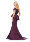 Back - ASHLEYlauren 11710 – A sophisticated satin gown featuring a draped off-shoulder neckline with ruffles and beaded details, finished with a flattering mermaid silhouette and peplum design. Perfect for any elegant event.