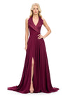 Wine ASHLEYlauren 11753 chiffon gown with structured halter neckline, A-line skirt, and elegant right leg slit — the perfect blend of edge and grace.