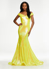 Yellow ASHLEYlauren 11107 Off-Shoulder Sequin Gown with Criss-Cross Open Back, Fit & Flare Silhouette, and Horsehair Hem