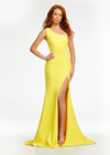 Yellow ASHLEYlauren 11119 One-Shoulder Gown in Corset Fabric with Asymmetrical Lace-Up Back and Left Leg Slit