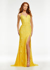 Yellow ASHLEYlauren 11145 Lace Gown with Spaghetti Straps, Lace Applique, Heat Press Stones, Lace-Up Back, and Left Leg Slit