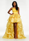 Yellow ASHLEYlauren 11159 One-Shoulder High-Low Gown with Beaded Strap, Ruffled Organza Tiers, and Dramatic Silhouette