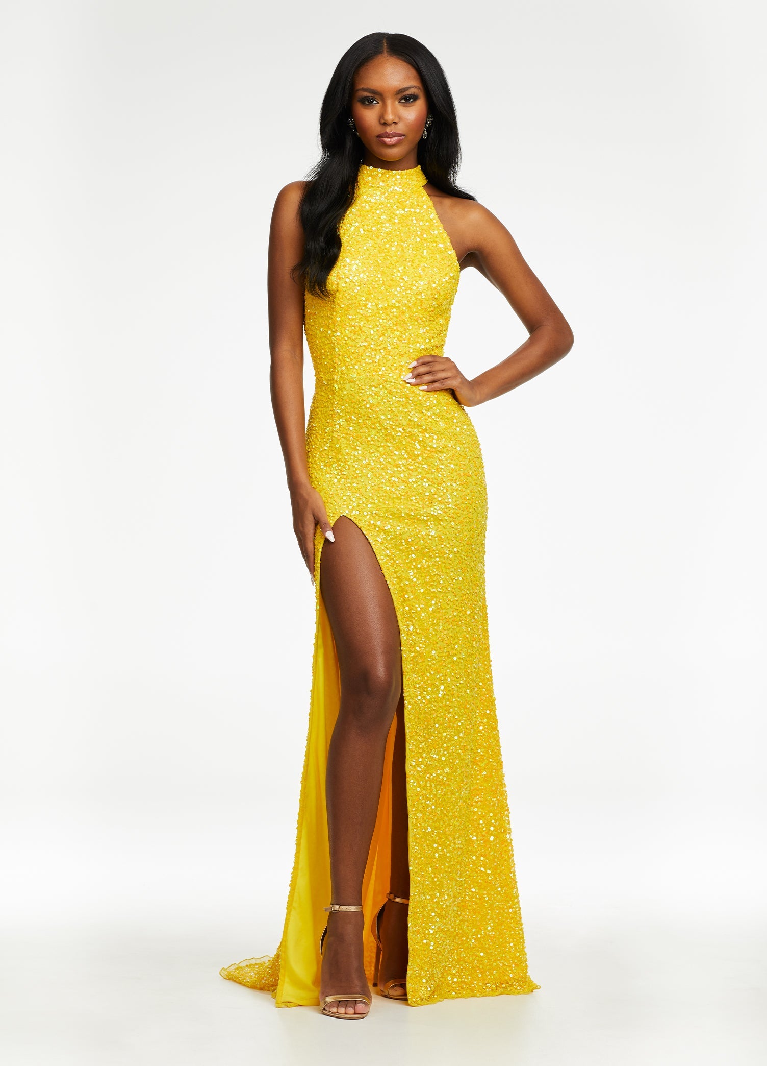 yellow sequin halter dress ASHLEYlauren 11174 Gown printed skirts