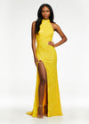 Yellow ASHLEYlauren 11174 Fully Hand-Beaded Sequin Gown with Halter Neckline, Full Back, and Right Leg Slit