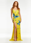 Yellow ASHLEYlauren 11178 Sequin Gown with Spaghetti Straps, Intricately Beaded Butterfly Accents, Lace-Up Back, and Right Leg Slit